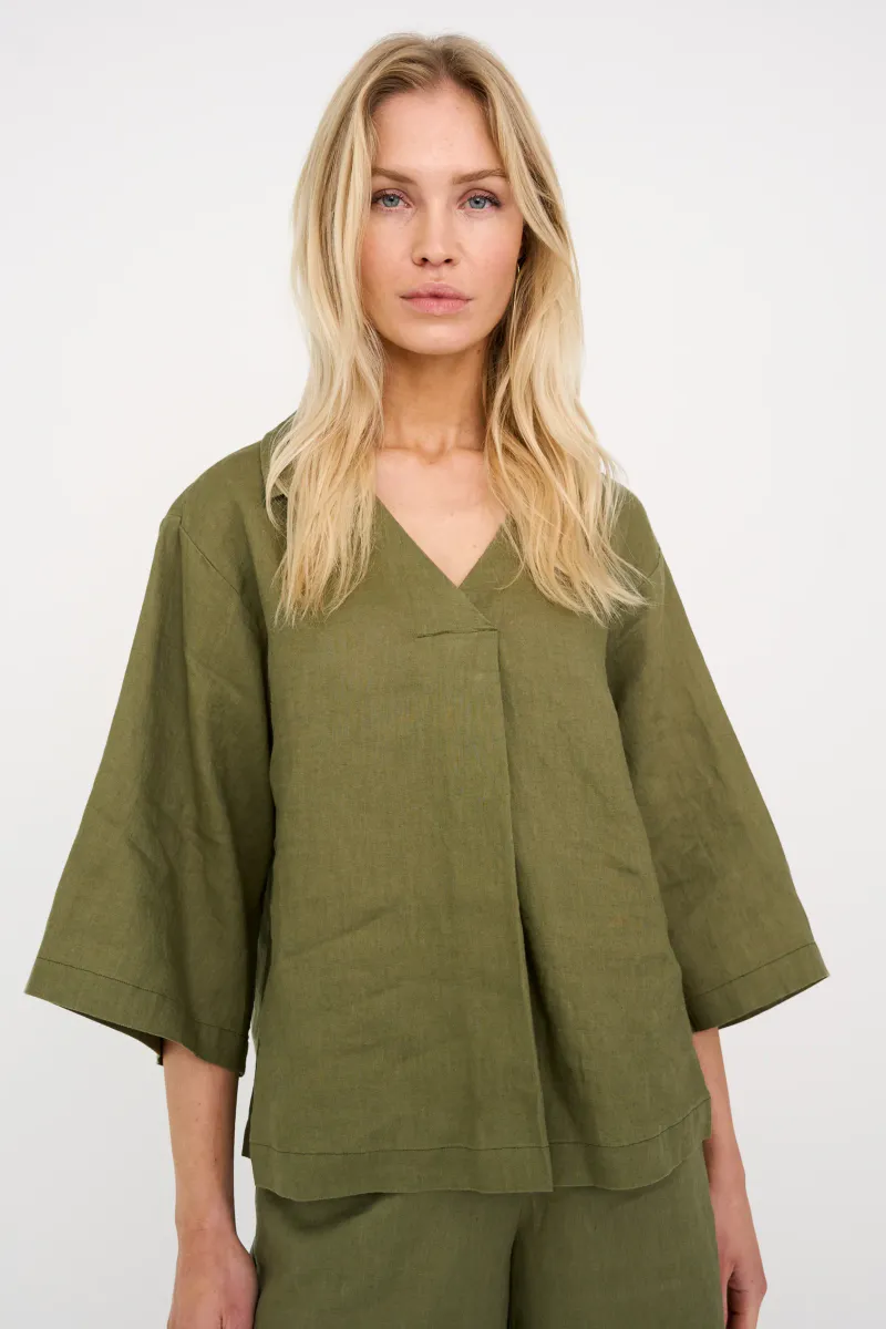 Pieszak Lina Linen V-neck Blouse Faded Green 